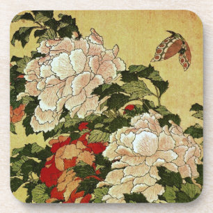 北斎 Hokusai Peonies & Butterflies Fine Art Coaster