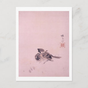 双雀, 栖鳳 Pair of The Sparrow, Seihō, Japanese Art Postcard
