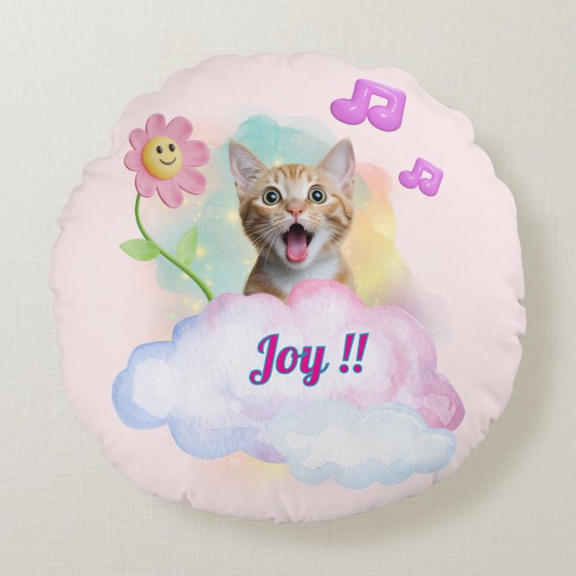 可愛い『Joy!!』おしゃべりねこ♡ Round Cushion (Front)