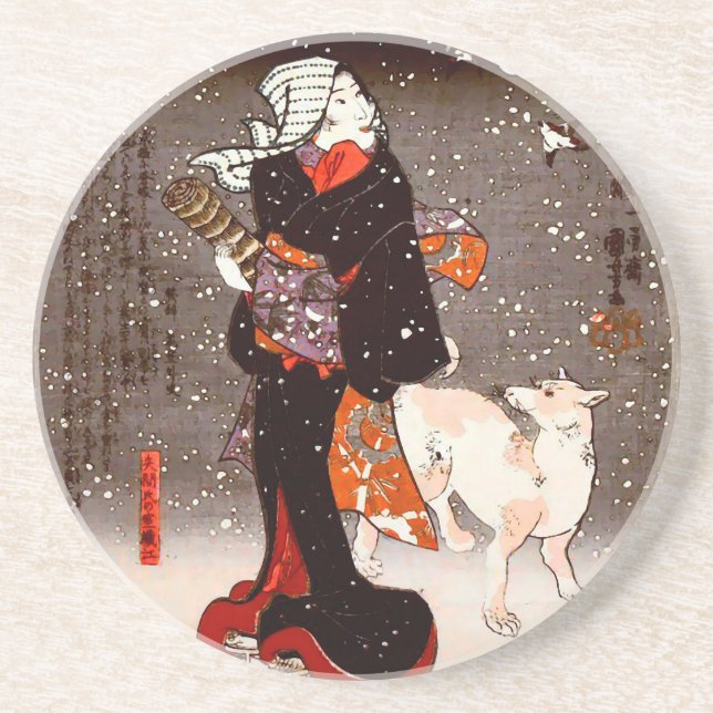國芳 Woman & Dog in Snow Kuniyoshi Fine Art Coaster (Front)