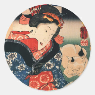 女と眠る猫, 国芳 Woman and Sleeping Cat, Kuniyoshi Classic Round Sticker