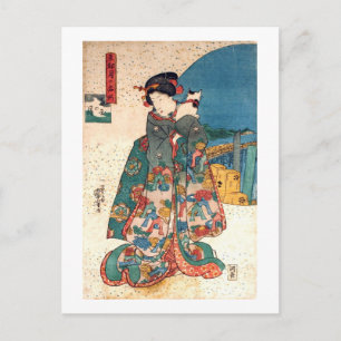 少女と猫, 国芳 Girl with Cat, Kuniyoshi, Ukiyo-e Postcard