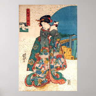 少女と猫, 国芳 Girl with Cat, Kuniyoshi, Ukiyo-e Poster