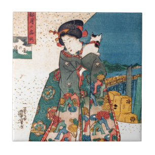 少女と猫, 国芳 Girl with Cat, Kuniyoshi, Ukiyo-e Tile