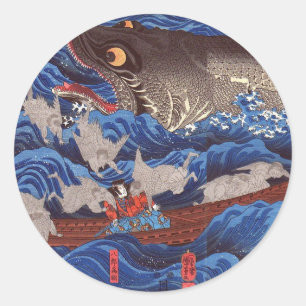 怪物鮫,国芳 Monster Shark, Kuniyoshi, Ukiyo-e Classic Round Sticker