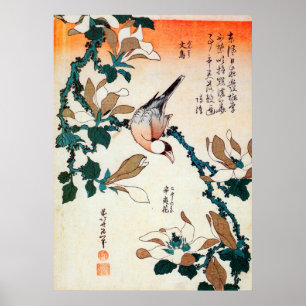 文鳥とコブシ, 北斎 Java Sparrow and Kobushi, Hokusai Poster