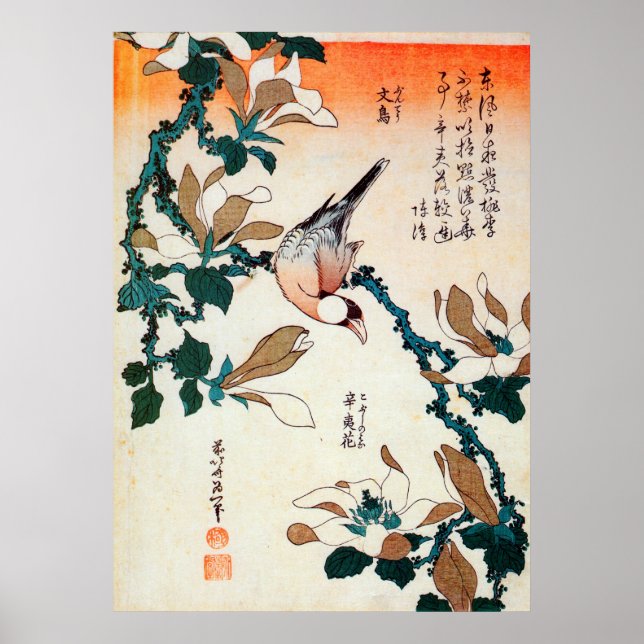 文鳥とコブシ, 北斎 Java Sparrow and Kobushi, Hokusai Poster (Front)