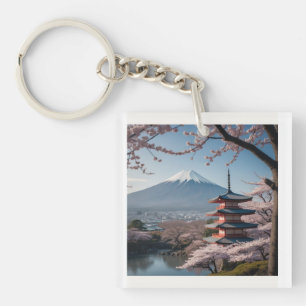 日本の春の最も美しい瞬間を凝縮したような一枚です。富士山を背景に、五重塔と満開の桜が描かれています。 KEY RING
