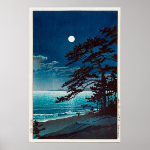 月の二宮海岸, 川瀬巴水 Moon at Ninomiya Beach, Hasui Kawase Poster