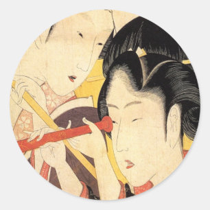 望遠鏡を覗く女, 北斎 Girl with Telescope, Hokusai, Ukiyo-e Classic Round Sticker