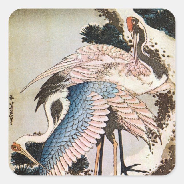 松に鶴, 北斎 Cranes on Pine Tree, Hokusai, Ukiyo-e Square Sticker (Front)