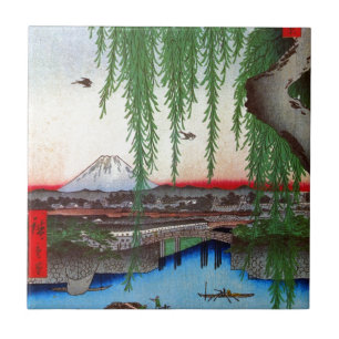 柳と富士, 広重 Willow and Mt. Fuji, Hiroshige, Ukiyo-e Tile