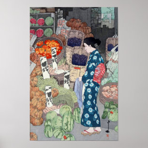根津の八百屋, Greengrocer in Nezu, Yoshida, Woodcut Poster