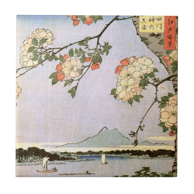 江戸の桜, 広重 Cherry Blossoms of Edo, Hiroshige, Ukiyoe Tile (Front)