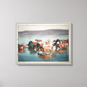 沼崎牧場の昼, Cows, Hiroshi Yoshida, Woodcut Canvas Print