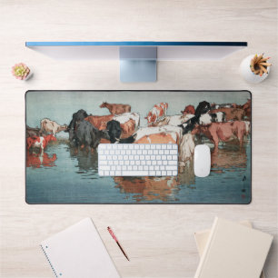 沼崎牧場の昼, Cows, Hiroshi Yoshida, Woodcut Desk Mat