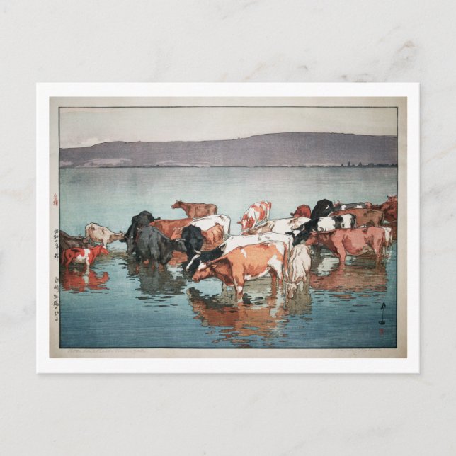 沼崎牧場の昼, Cows, Hiroshi Yoshida, Woodcut Postcard (Front)