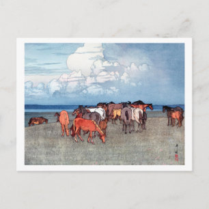 沼崎牧場, Horses, Hiroshi Yoshida, Woodcut Postcard