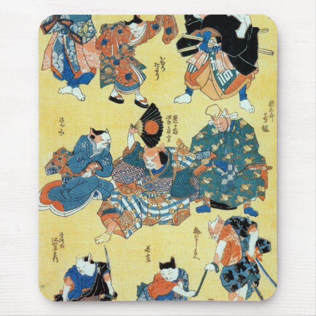 流行猫の狂言づくし, 国芳 Actors of The Cat, Kuniyoshi, Ukiyoe Mouse Mat (Front)