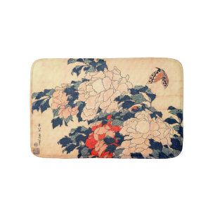 牡丹と蝶, 北斎 Peonies and Butterfly, Hokusai, Ukiyo-e Bath Mat