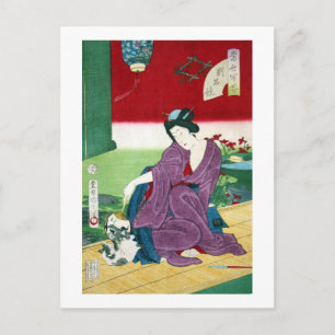 猫と女, 国周 Cat and Woman, Toyohara Kunichika, Ukiyo-e Postcard