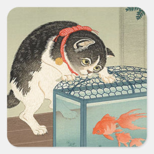 猫と金魚, 古邨 Cat & Goldfish, Koson, Ukiyo-e Square Sticker