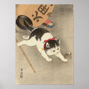 猫, 古邨 Cat Catching Mouse, Ohara Koson, Ukiyo Poster