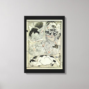 猫, 暁斎 Cats, Kyōsai, Ukiyo-e Canvas Print