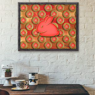 福 Fu Symbol Red Gold Cute Rabbit Chinese New Year Poster