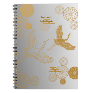 縁起の良い金色の日本の鶴模様《白×シルバー》ジャーナル NOTEBOOK