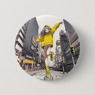 缶バッジ Happy! Yellow JK badge｜寿司娘 GenerativeAI 6 Cm Round Badge