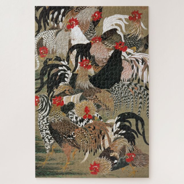群鶏図, 若冲 Flock of Roosters, Jakuchū, Japan Art Jigsaw Puzzle (Vertical)