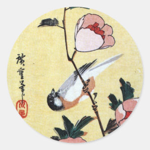 花に鳥, 広重 Bird and Flower, Hiroshige, Ukiyo-e Classic Round Sticker