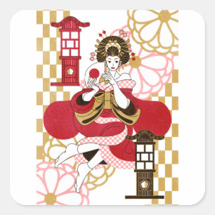 花魁と行灯（Oiran and Andon） Square Sticker