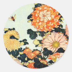 菊と蜂, 北斎 Chrysanthemum and Bee, Hokusai Classic Round Sticker