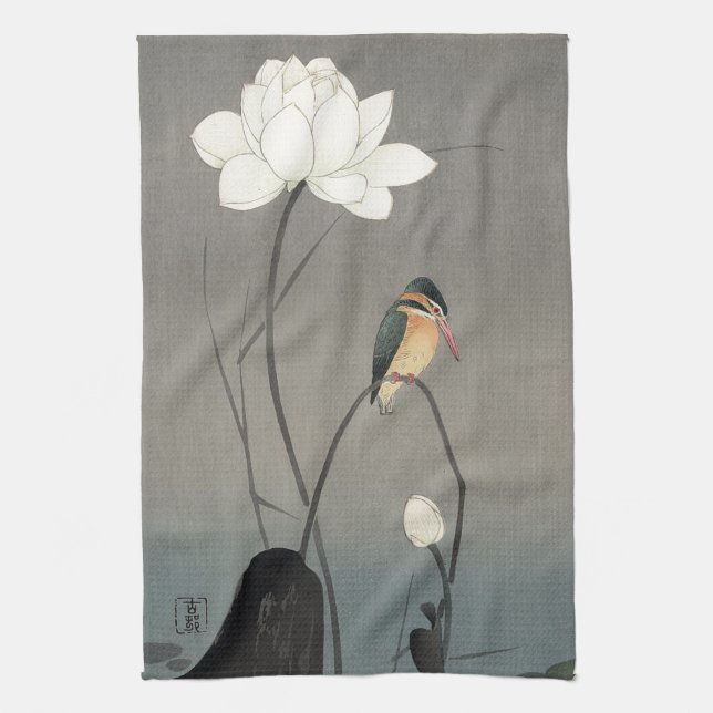 蓮にカワセミ, 古邨 Kingfisher on Lotus, Koson, Ukiyo-e Tea Towel (Vertical)