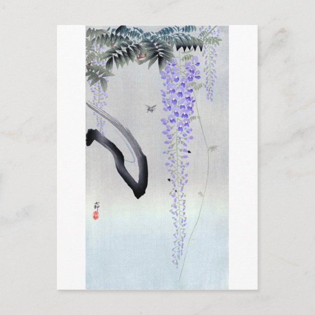 藤の花, 古邨 Flowering Wisteria, Ohara Koson, Woodcut Postcard (Front)