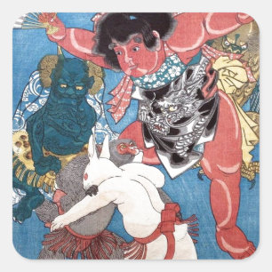 金太郎と動物,国芳 Kintaro & Animals, Kuniyoshi, Ukiyo-e Square Sticker