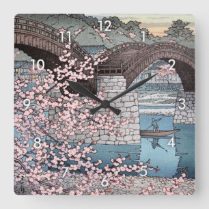 錦帯橋の春宵, Spring at Kintai Bridge, Hasui Square Wall Clock