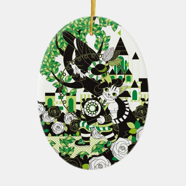 長靴をはいた猫とダイヤル式電話機とオニオオハシ CERAMIC TREE DECORATION (Front)
