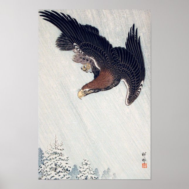 雪に鷲, 古邨 Eagle Flying in Snow, Ohara Koson, Woodcut Poster (Front)