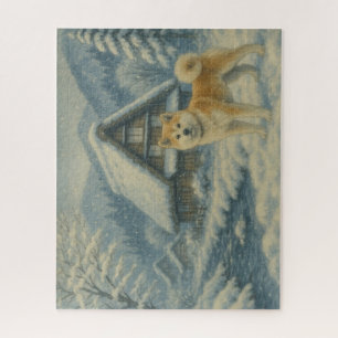 雪の山里と秋田犬 / Akita Inu in a Snowy Mountain Village Jigsaw Puzzle