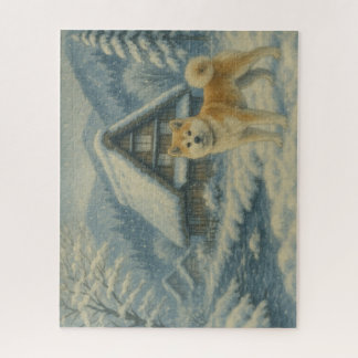 雪の山里と秋田犬 / Akita Inu in a Snowy Mountain Village Jigsaw Puzzle
