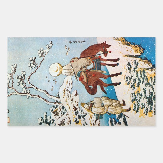 雪の旅人, 北斎 Travelers in Snow, Hokusai, Ukiyo-e Rectangular Sticker (Front)
