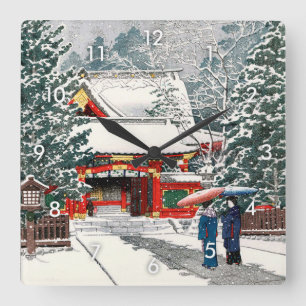 雪の日枝神社, Snow at Hie Shrine, Hasui Kawase, Woodcut Square Wall Clock