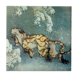 雪中虎図, 北斎 Tiger in the Snow, Hokusai, Art Tile
