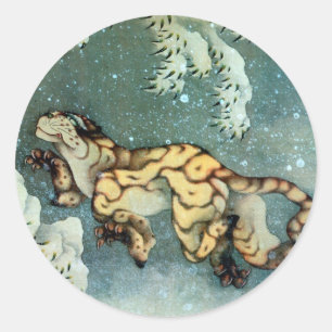 雪中虎図, 北斎 Tiger in the Snow, Hokusai Classic Round Sticker