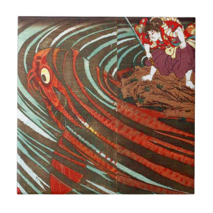 鬼若丸の鯉退治,国芳 Monster Carp, Kuniyoshi, Ukiyo-e Tile