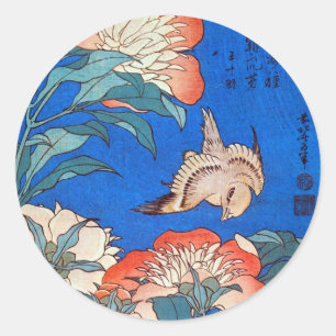 鳥と芍薬, 北斎 Bird and Peony, Hokusai, Ukiyoe Classic Round Sticker