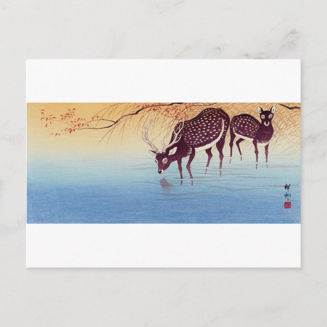 鹿, 小原古邨 Deer, Ohara Koson, Ukiyo-e Postcard (Front)